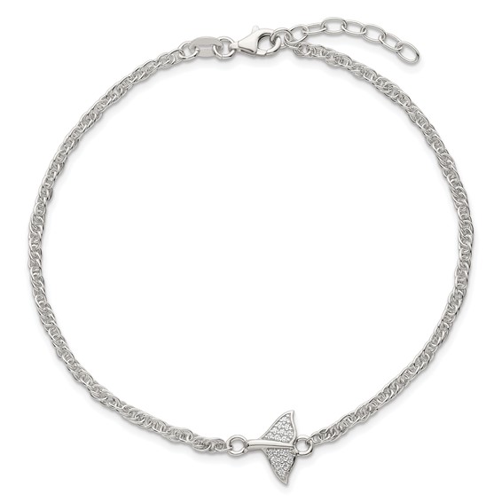 Sterling Silver CZ Whale Tail 9 inch Plus 1 inch Extender - Total 10 inch Anklet