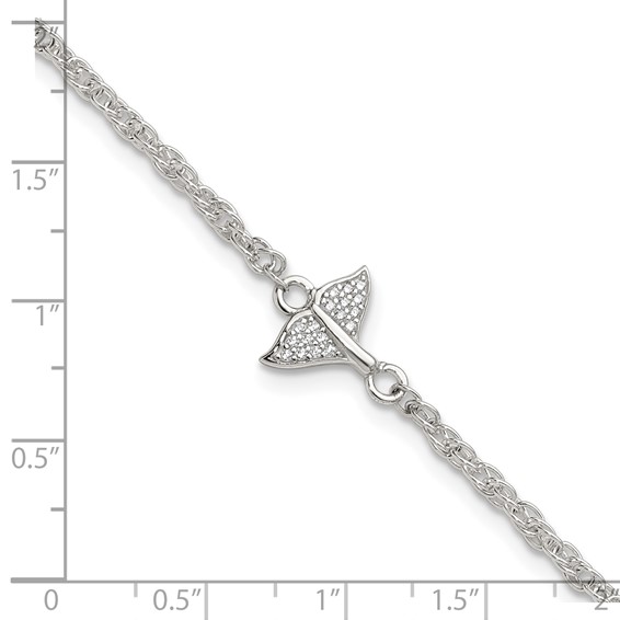Sterling Silver CZ Whale Tail 9 inch Plus 1 inch Extender - Total 10 inch Anklet