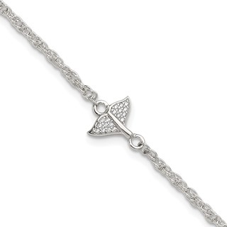Sterling Silver CZ Whale Tail 9 inch Plus 1 inch Extender - Total 10 inch Anklet
