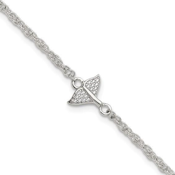 Sterling Silver CZ Whale Tail 9 inch Plus 1 inch Extender - Total 10 inch Anklet