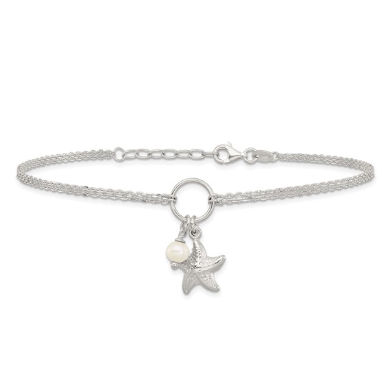 Sterling Silver Freshwater Cultured Pearl/Starfish 2-Strand 9 inch Plus 1 inch Extender - Total 10 inch Anklet