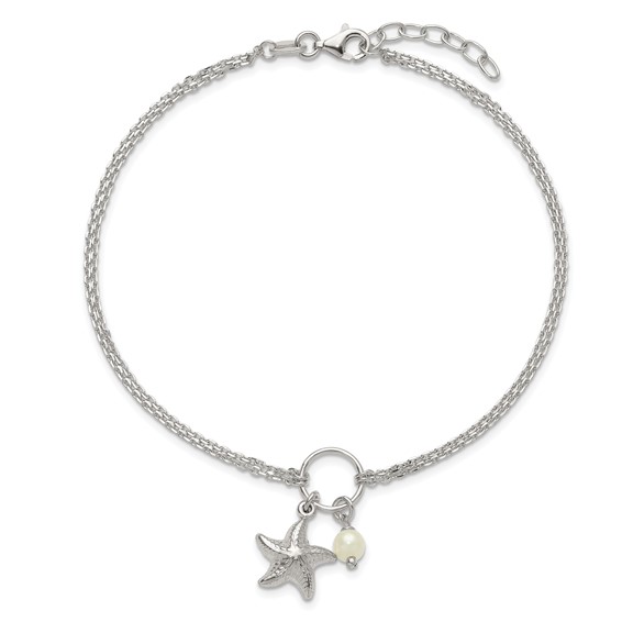 Sterling Silver Freshwater Cultured Pearl/Starfish 2-Strand 9 inch Plus 1 inch Extender - Total 10 inch Anklet