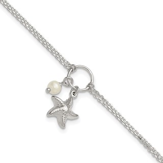 Sterling Silver Freshwater Cultured Pearl/Starfish 2-Strand 9 inch Plus 1 inch Extender - Total 10 inch Anklet