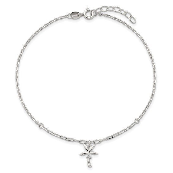 Sterling Silver CZ Palm Tree 9 inch Plus 1 inch Extender - Total 10 inch Anklet