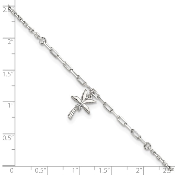 Sterling Silver CZ Palm Tree 9 inch Plus 1 inch Extender - Total 10 inch Anklet