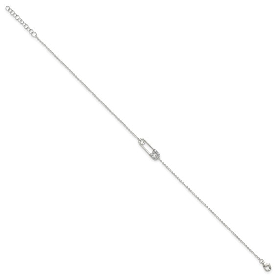 Sterling Silver CZ Safety Pin 9 Inch Plus 1 Inch Extender - Total 10 inch Anklet