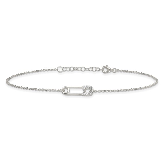 Sterling Silver CZ Safety Pin 9 Inch Plus 1 Inch Extender - Total 10 inch Anklet