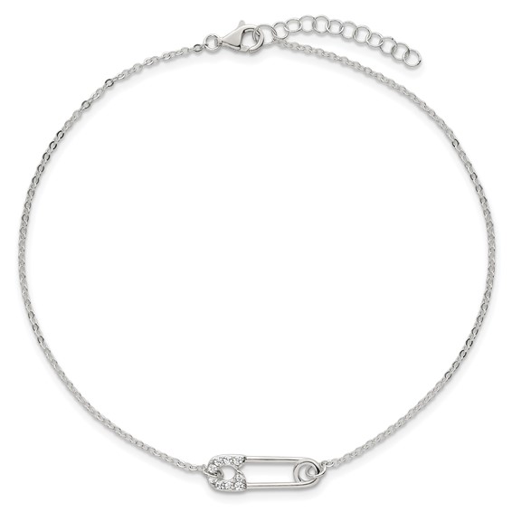 Sterling Silver CZ Safety Pin 9 Inch Plus 1 Inch Extender - Total 10 inch Anklet