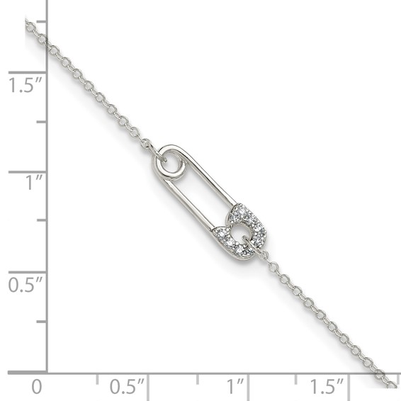 Sterling Silver CZ Safety Pin 9 Inch Plus 1 Inch Extender - Total 10 inch Anklet