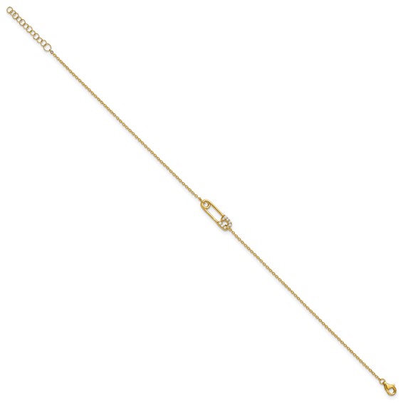 Sterling Silver Gold-tone CZ Safety Pin 9 inch Plus 1 inch Extender - Total 10 inch Anklet