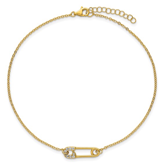 Sterling Silver Gold-tone CZ Safety Pin 9 inch Plus 1 inch Extender - Total 10 inch Anklet
