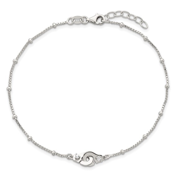 Sterling Silver Beaded CZ Interlocked Circles 9 inch Plus 1 inch Extender - Total 10 inch Anklet