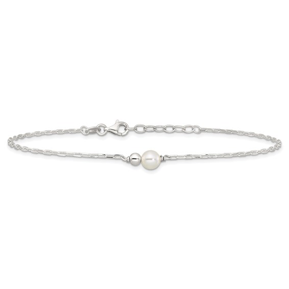 Sterling Silver Bead and Glass Pearl 9 inch Plus 1 inch Extender - Total 10 inch Anklet