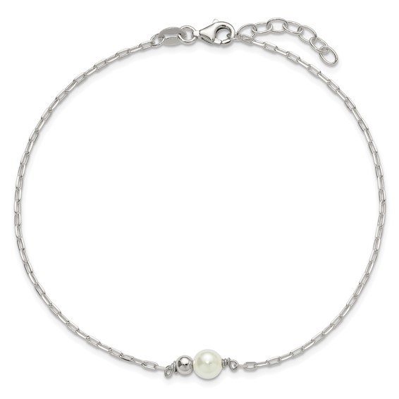 Sterling Silver Bead and Glass Pearl 9 inch Plus 1 inch Extender - Total 10 inch Anklet