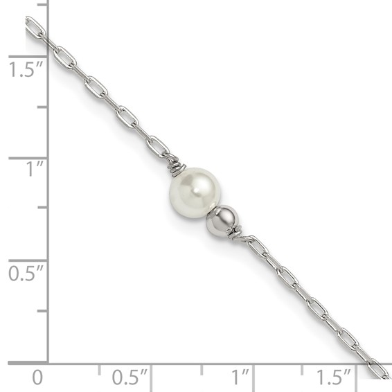 Sterling Silver Bead and Glass Pearl 9 inch Plus 1 inch Extender - Total 10 inch Anklet
