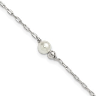 Sterling Silver Bead and Glass Pearl 9 inch Plus 1 inch Extender - Total 10 inch Anklet