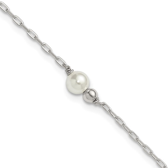 Sterling Silver Bead and Glass Pearl 9 inch Plus 1 inch Extender - Total 10 inch Anklet