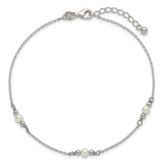 Sterling Silver Beaded and Acrylic Pearl 9 inch Plus 1 inch Extender - Total 10 inch Anklet