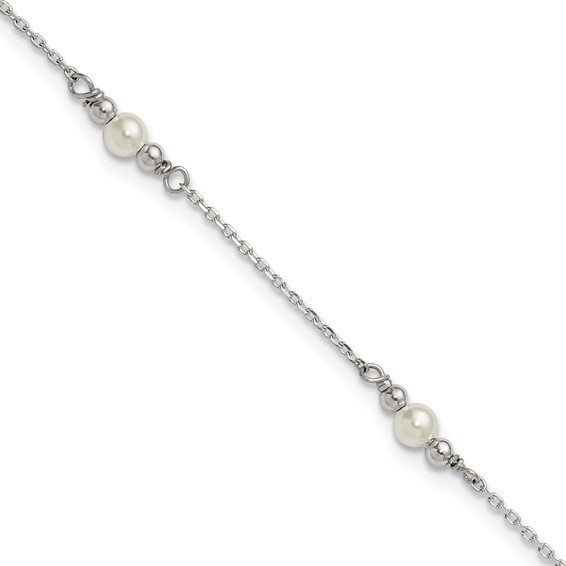Sterling Silver Beaded and Acrylic Pearl 9 inch Plus 1 inch Extender - Total 10 inch Anklet