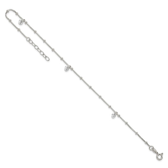 Sterling Silver Beaded CZ 9 inch Plus 1 inch Extender - Total 10 inch Anklet