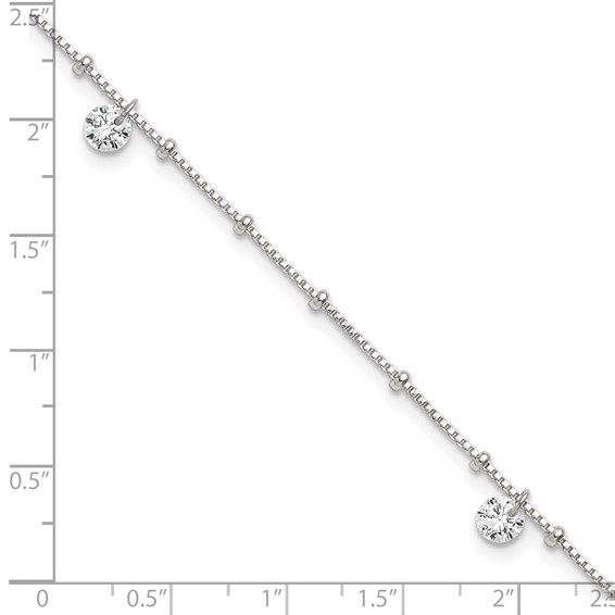 Sterling Silver Beaded CZ 9 inch Plus 1 inch Extender - Total 10 inch Anklet