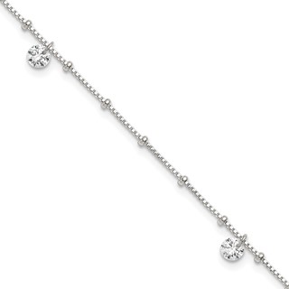 Sterling Silver Beaded CZ 9 inch Plus 1 inch Extender - Total 10 inch Anklet