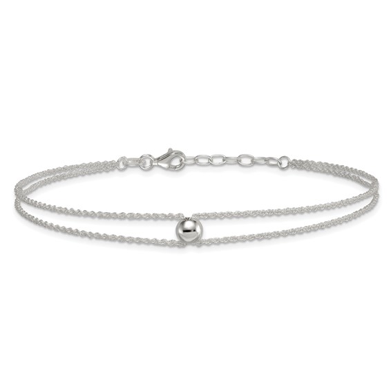 Sterling Silver 2-Strand Bead 9 inch Plus 1 inch Extender - Total 10 inch Anklet