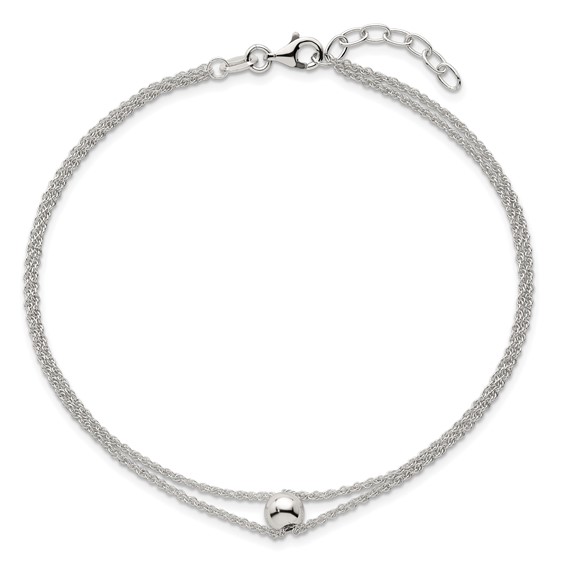 Sterling Silver 2-Strand Bead 9 inch Plus 1 inch Extender - Total 10 inch Anklet