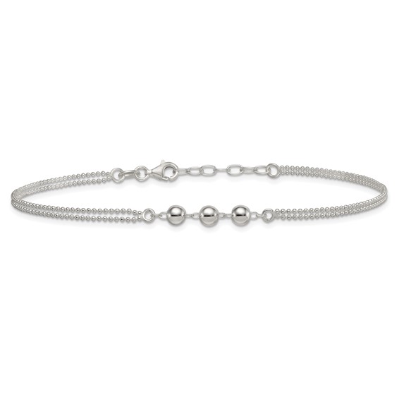 Sterling Silver Beaded 2-Strand 9 inch Plus 1 inch Extender - Total 10 inch Anklet