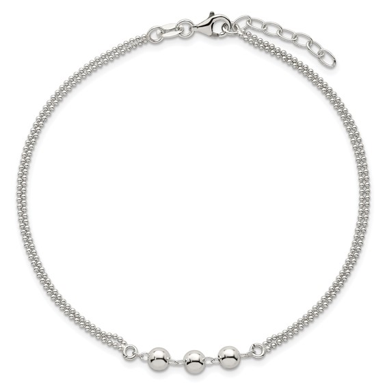 Sterling Silver Beaded 2-Strand 9 inch Plus 1 inch Extender - Total 10 inch Anklet