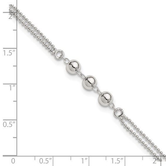 Sterling Silver Beaded 2-Strand 9 inch Plus 1 inch Extender - Total 10 inch Anklet