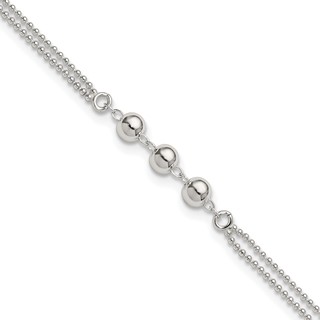 Sterling Silver Beaded 2-Strand 9 inch Plus 1 inch Extender - Total 10 inch Anklet