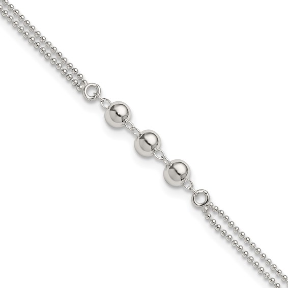 Sterling Silver Beaded 2-Strand 9 inch Plus 1 inch Extender - Total 10 inch Anklet