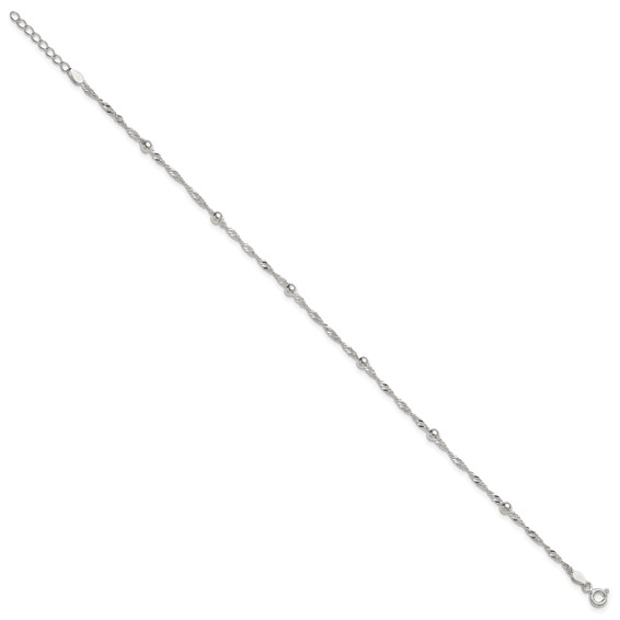 Sterling Silver Beaded 6-Station 9 inch Plus 1 inch Extender - Total 10 inch Anklet