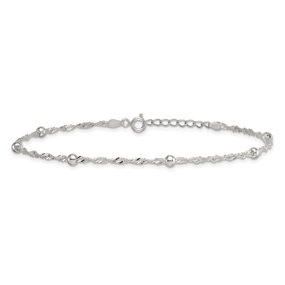 Sterling Silver Beaded 6-Station 9 inch Plus 1 inch Extender - Total 10 inch Anklet