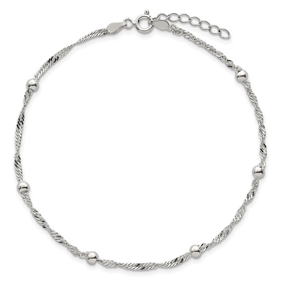 Sterling Silver Beaded 6-Station 9 inch Plus 1 inch Extender - Total 10 inch Anklet
