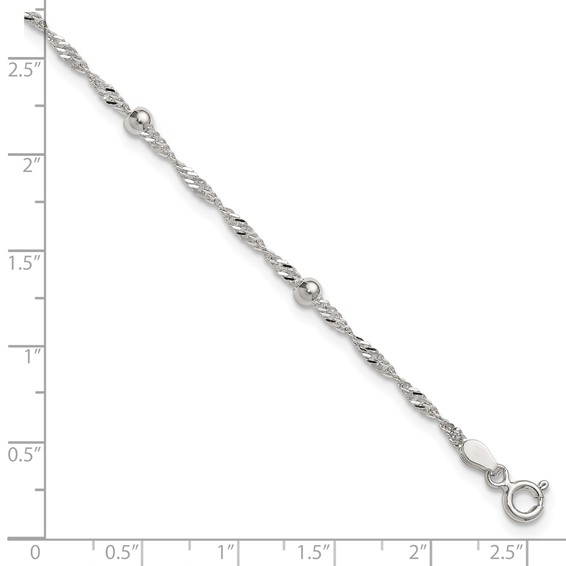 Sterling Silver Beaded 6-Station 9 inch Plus 1 inch Extender - Total 10 inch Anklet