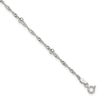 Sterling Silver Beaded 6-Station 9 inch Plus 1 inch Extender - Total 10 inch Anklet
