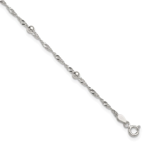 Sterling Silver Beaded 6-Station 9 inch Plus 1 inch Extender - Total 10 inch Anklet