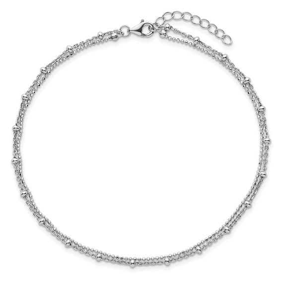 Sterling Silver Rhodium-plated Beaded 2-Strand 9 inch Plus 1 inch Extender - Total 10 inch Anklet