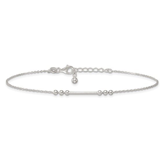 Sterling Silver Beaded and Bar 9 inch Plus 1 inch Extender - Total 10 inch Anklet