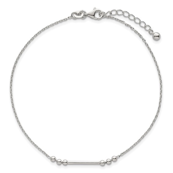 Sterling Silver Beaded and Bar 9 inch Plus 1 inch Extender - Total 10 inch Anklet