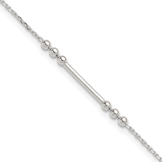 Sterling Silver Beaded and Bar 9 inch Plus 1 inch Extender - Total 10 inch Anklet