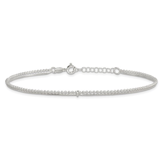 Sterling Silver Beaded 2 Strand 9 inch Plus 1 inch Extender - Total 10 inch Anklet