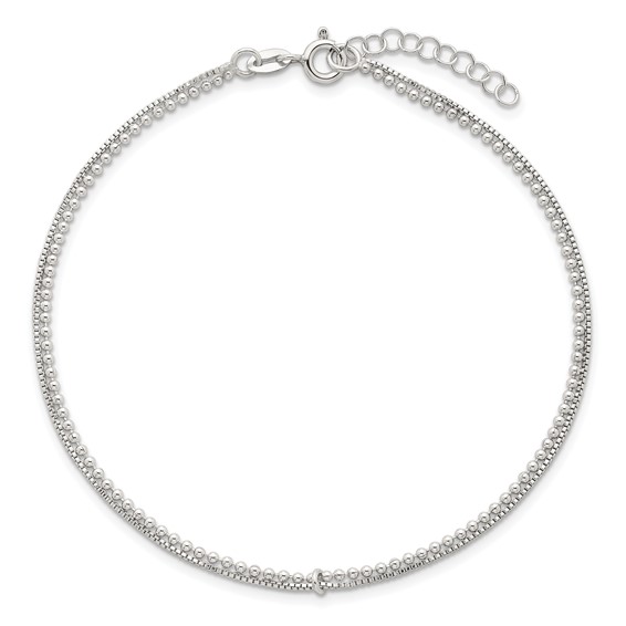 Sterling Silver Beaded 2 Strand 9 inch Plus 1 inch Extender - Total 10 inch Anklet