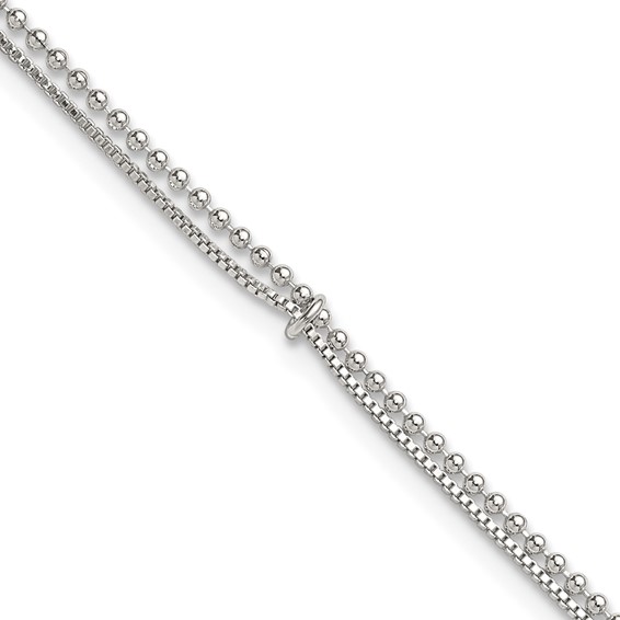 Sterling Silver Beaded 2 Strand 9 inch Plus 1 inch Extender - Total 10 inch Anklet