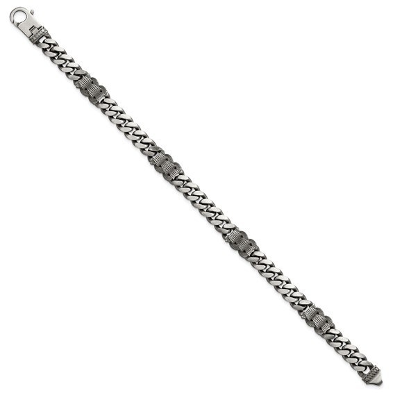 Sterling Silver Black Ruthenium-plated Brushed and Textured Fancy Flat Curb Chain Mens 8.5 inch Bracelet