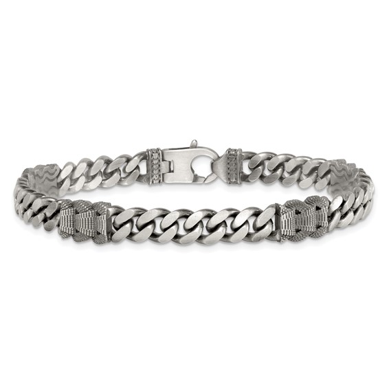 Sterling Silver Black Ruthenium-plated Brushed and Textured Fancy Flat Curb Chain Mens 8.5 inch Bracelet
