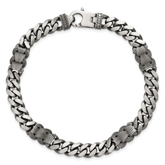 Sterling Silver Black Ruthenium-plated Brushed and Textured Fancy Flat Curb Chain Mens 8.5 inch Bracelet