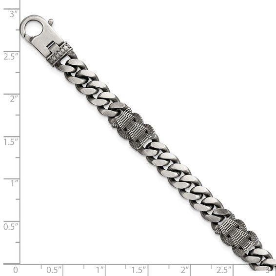 Sterling Silver Black Ruthenium-plated Brushed and Textured Fancy Flat Curb Chain Mens 8.5 inch Bracelet